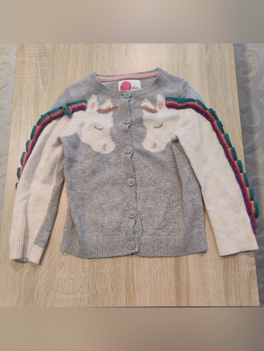 Mini Boden Girls' Gray & Cream Unicorn Cardigan with Rainbow Trim Size 5-6 Years